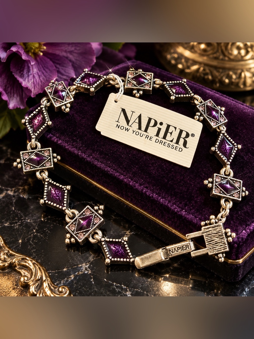 Vintage NAPIER Bracelet Original Hangtag Purple Geometric Art Deco Style Signed